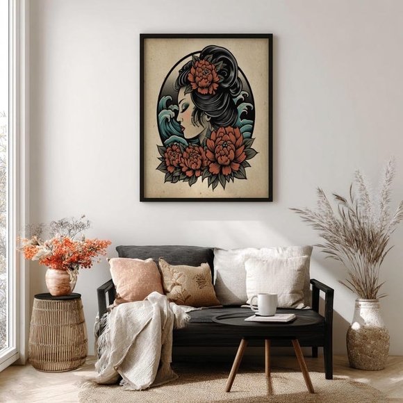 Vintage Tattoo Geisha- Classic Portrait Wall Decor, Japanese Ukiyo-e Wall Art - Picture 2 of 5